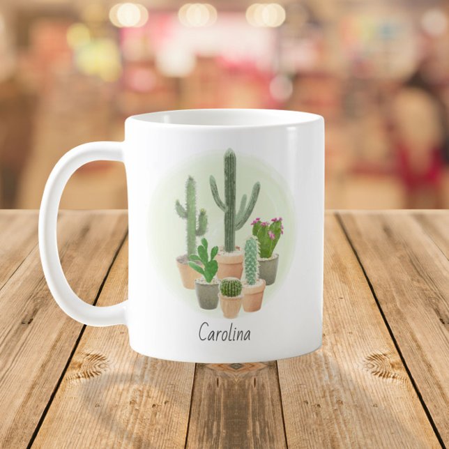 Caneca De Café Nome Personalizado das Plantas de Cactus Watercolo (Criador carregado)