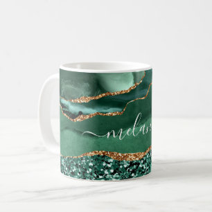 Caneca De Café Nome Personalizado de Agate Green Dourado Glitter 