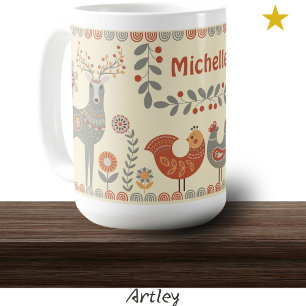 Caneca De Café Nome Personalizado de Animais de Arte Folclórica d