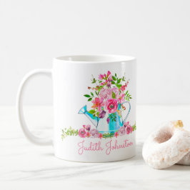 Caneca De Café Nome Personalizado de Aquarela Floral Rosa Elegant