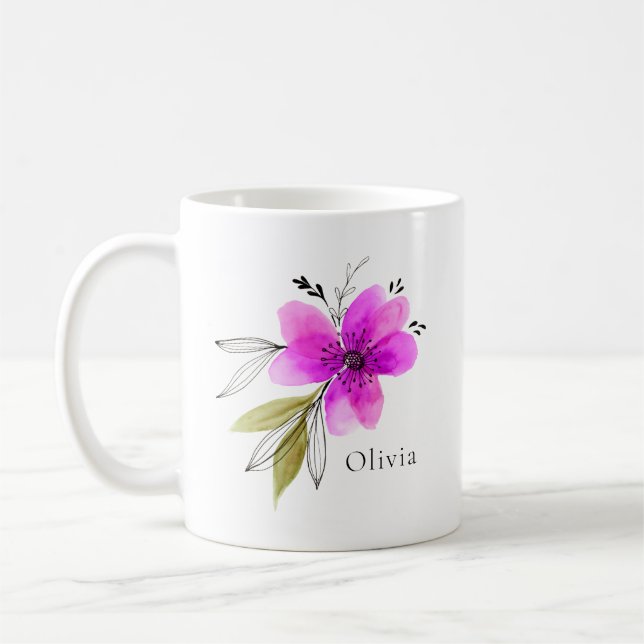 Caneca De Café Nome Personalizado de Aquarela Rosa Vibrante (Esquerda)