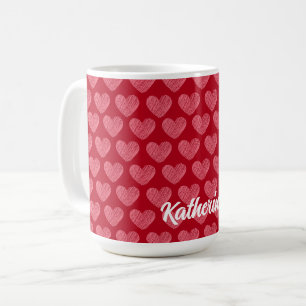 Caneca De Café Nome Personalizado de Corações Vermelhos e Rosa Pe
