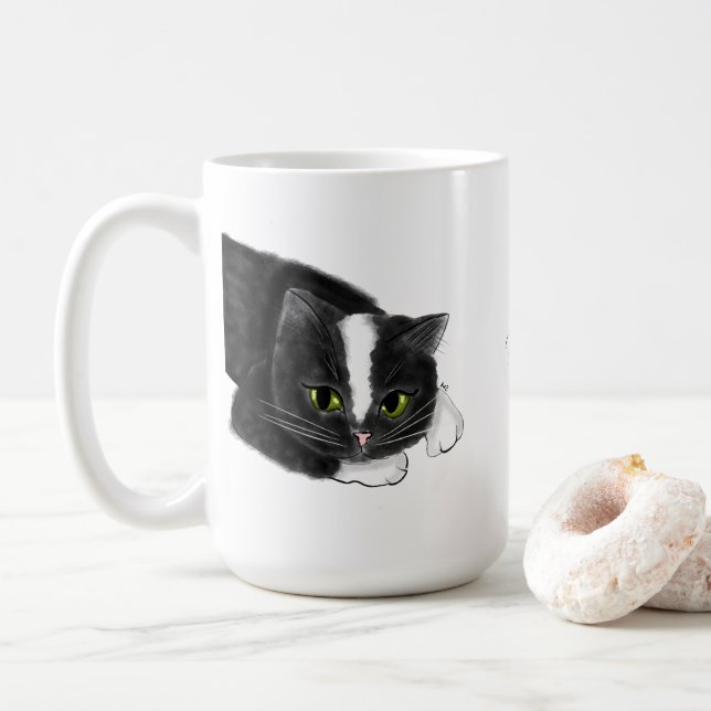 Caneca De Café Nome Personalizado de Gato Preto e Branco (Com Donut)
