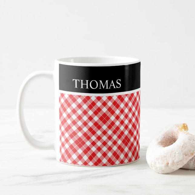 Caneca De Café Nome Personalizado de Gingham Branco Personalizado (Com Donut)
