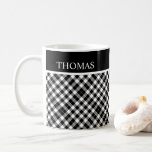 Caneca De Café Nome Personalizado de Gingham Branco Preto Persona