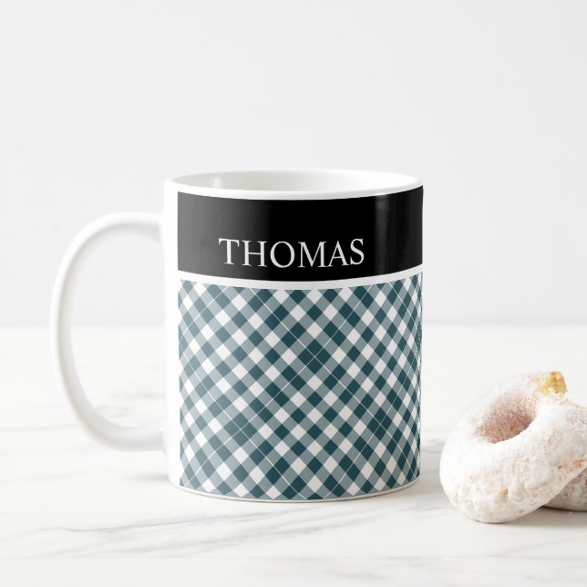 Caneca De Café Nome Personalizado de Gingham Branco Verde Persona (Com Donut)