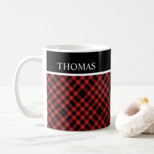 Caneca De Café Nome Personalizado de Gingham Vermelho Negro Perso