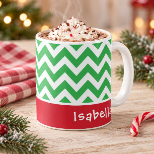 Caneca De Café Nome Personalizado de Natal Chevron Verde Festivo