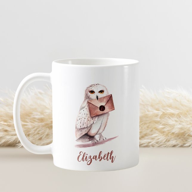 Caneca De Café Nome Personalizado do Coruja de Aquarelas Elegante (Criador carregado)