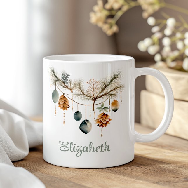 Caneca De Café Nome Personalizado do Enfeites de natal de Aquarel (Boho Watercolor Christmas Ornament Custom Name Coffee Mug on a boho wooden table.)