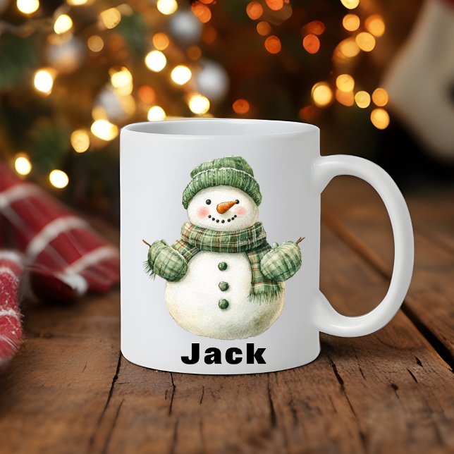 Caneca De Café Nome Personalizado do Hat Verde do Homem de Neve d (Christmas Snowman Green Hat Custom Name Coffee Mug)