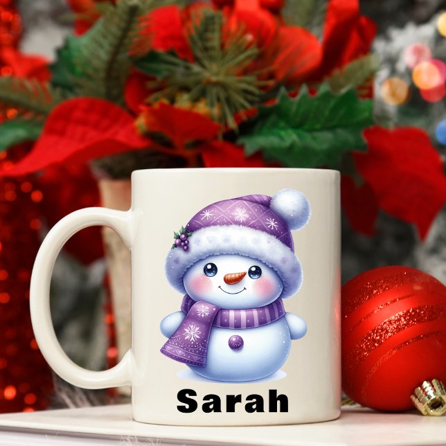 Caneca De Café Nome Personalizado do Homem de Neve Puro de Natal (Christmas Purple Snowman Custom Name Coffee Mug)