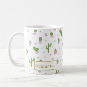 Caneca De Café Nome Personalizado do Padrão Cactus Cute