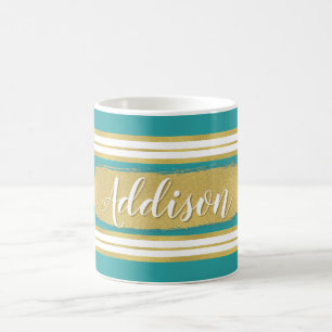 Caneca De Café Nome Personalizado do Padrão de Faixa Dourada Azul
