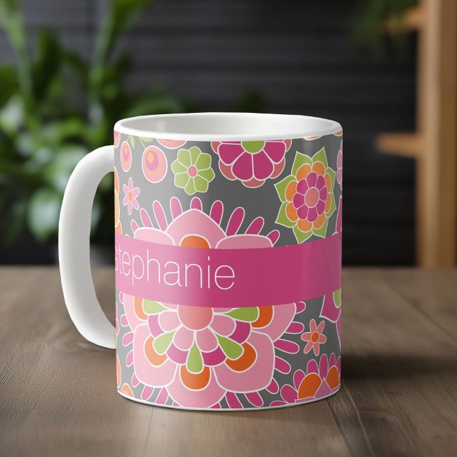 Caneca De Café Nome Personalizado do Padrão Floral Primavera Colo (Custom Monogram Mug)