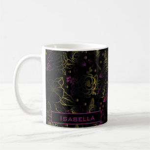 Caneca De Café Nome personalizado do padrão floral roxo Dourado