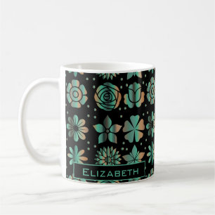 Caneca De Café Nome personalizado do padrão floral verde de raban