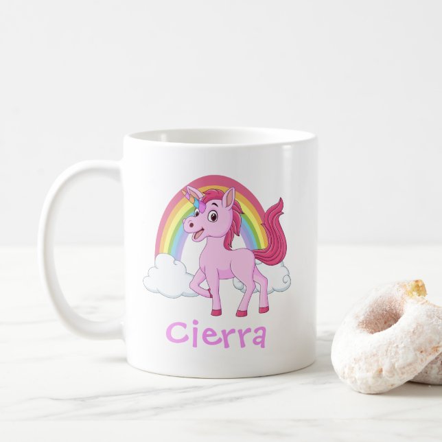 Caneca De Café Nome Personalizado do Unicórnio Rosa do Arco-Íris (Com Donut)