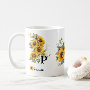 Caneca De Café Nome Personalizado e Girassóis Iniciais Amarelo