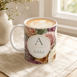 Caneca De Café Nome Personalizado e Monograma Elegante Floral