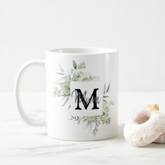 Caneca De Café Nome Personalizado e Mug Inicial com Greenery
