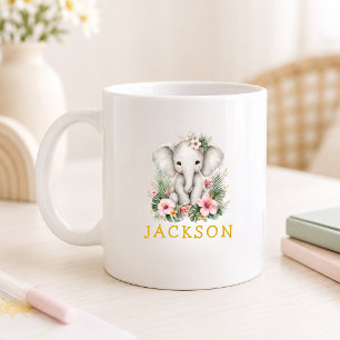 Caneca De Café Nome Personalizado Elefante Bebê Safari Selva
