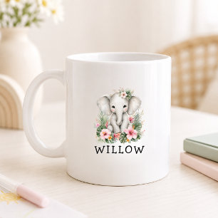 Caneca De Café Nome Personalizado Elefante Bebê Safari Selva