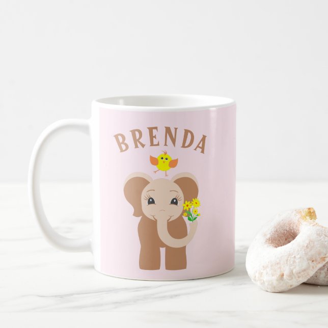 Caneca De Café Nome Personalizado Elephant & Bird 11 oz Mug Para  (Com Donut)