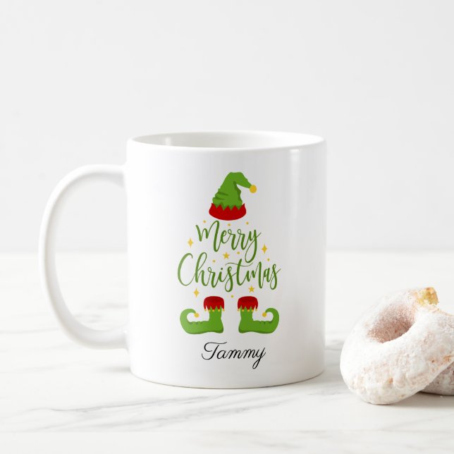 Caneca De Café Nome Personalizado Elf Feliz Natal (Com Donut)