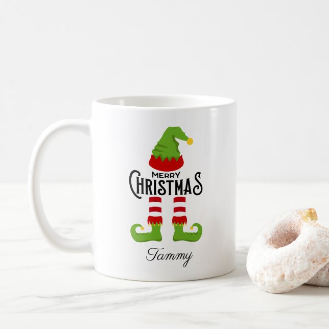Caneca De Café Nome Personalizado Elf Feliz Natal (Com Donut)