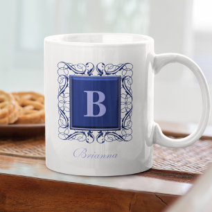 Caneca De Café Nome Personalizado Estilo Regal Monograma (Azul)