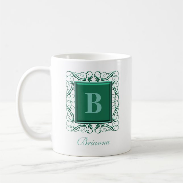 Caneca De Café Nome Personalizado Estilo Regal Monograma (Verde) (Esquerda)