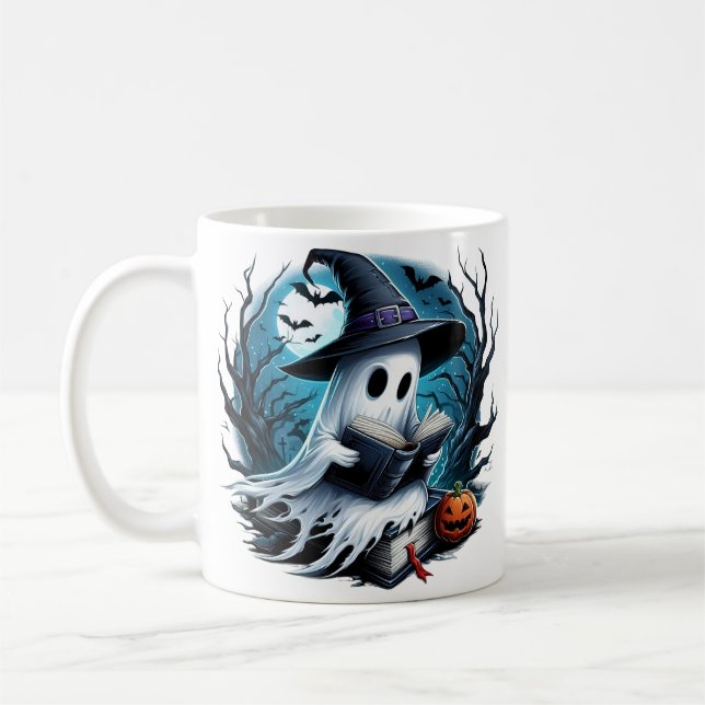 Caneca De Café Nome personalizado fantasma de Halloween lendo um  (Esquerda)