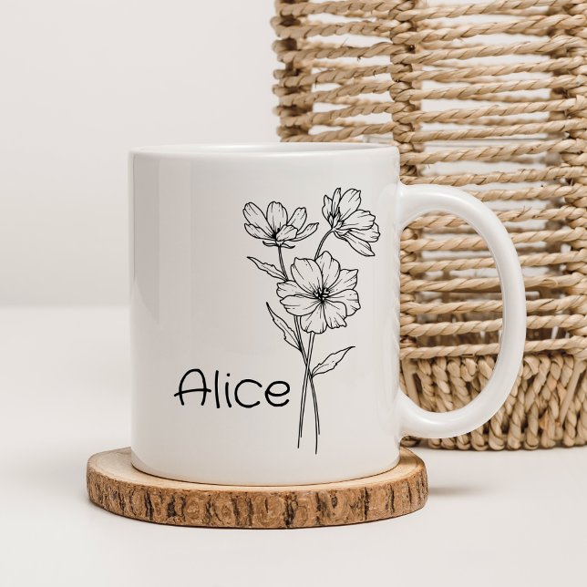 Caneca De Café Nome Personalizado Floral Branco e Preto Delicado (Criador carregado)