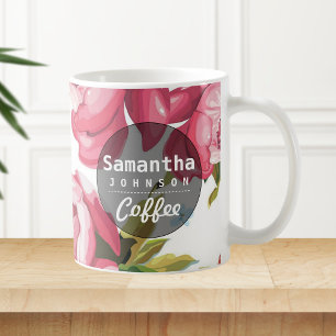 Caneca De Café Nome personalizado floral cor-de-rosa bonito
