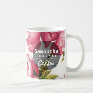 Caneca De Café Nome personalizado floral cor-de-rosa bonito