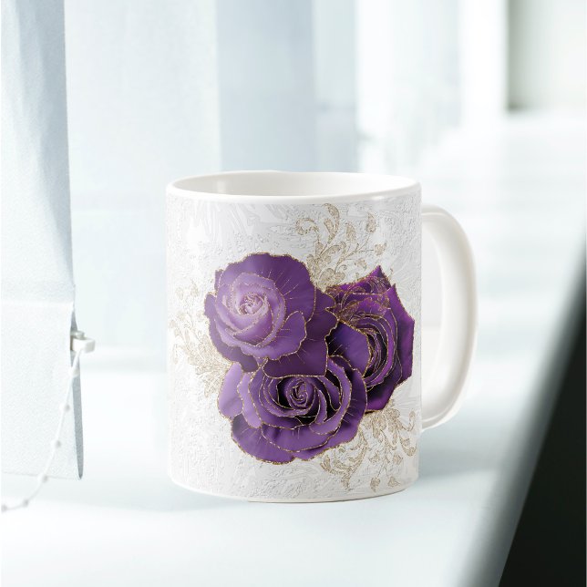 Caneca De Café Nome Personalizado Floral de Rosas Roxos bonito (Criador carregado)