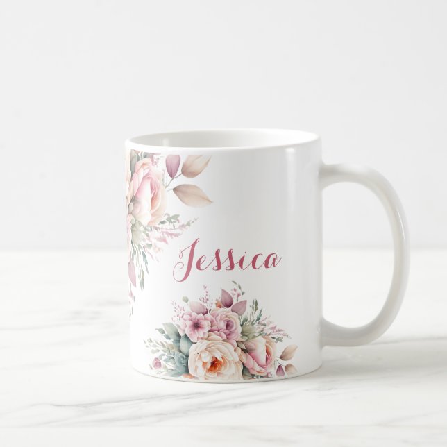 Caneca De Café Nome Personalizado Floral Elegante Moderno (Direita)