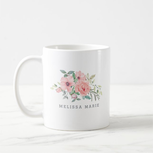 Caneca De Café Nome Personalizado Floral Watercolor Mug (Esquerda)