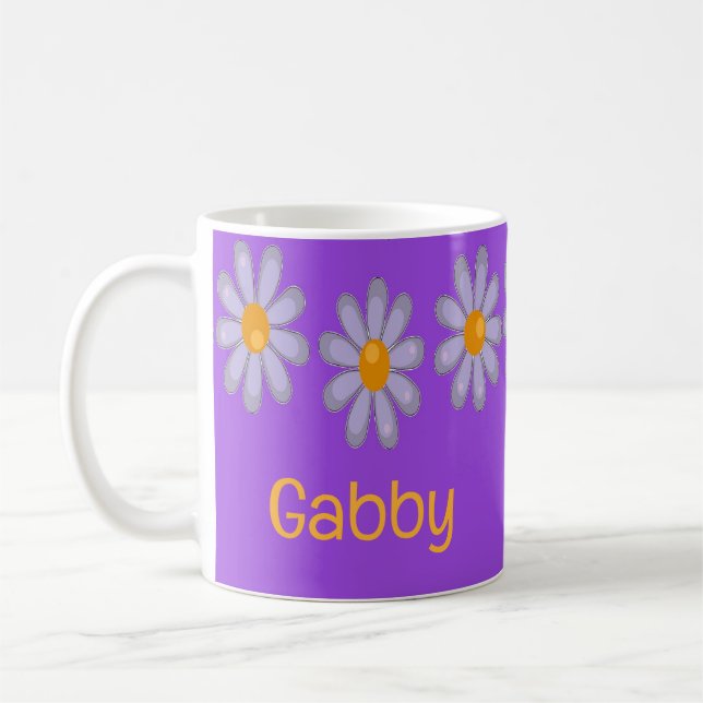Caneca De Café Nome personalizado flores azuis em roxo (Esquerda)