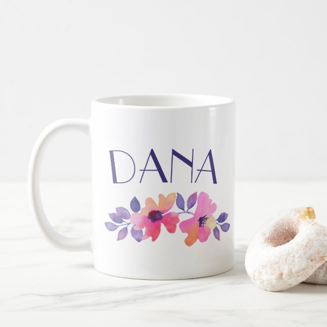 Caneca De Café Nome Personalizado Flores de Aquarela Café (Com Donut)