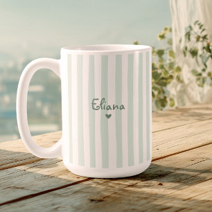 Caneca De Café Nome Personalizado Fofo Listras Verde Salvia Menin