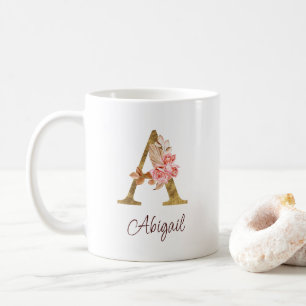 Caneca De Café Nome Personalizado Folha de Ouro Blush Rosas Rosa
