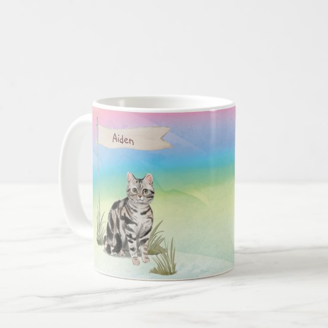 Caneca De Café Nome Personalizado Gato de Pet de Cabelo Curto Ame (Frente Esquerda)