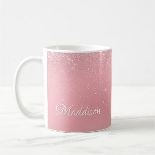 Caneca De Café Nome Personalizado Glitter de Silver Rosa Girassol