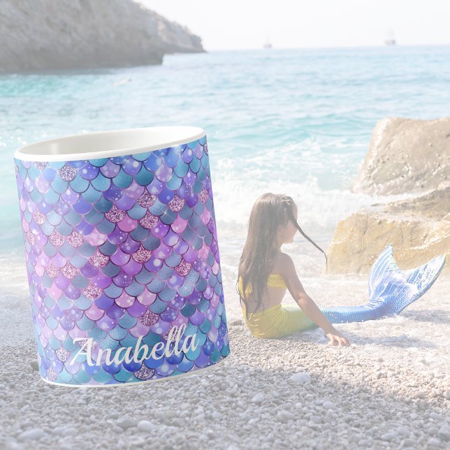 Caneca De Café Nome Personalizado Glitter Escalas de Sereia Roxo (Criador carregado)