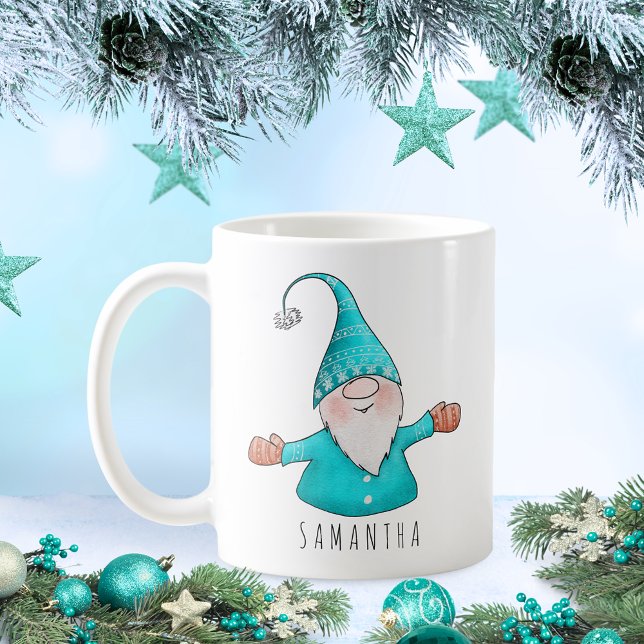 Caneca De Café Nome Personalizado Gnome Cute Teal Blue Natal (Criador carregado)