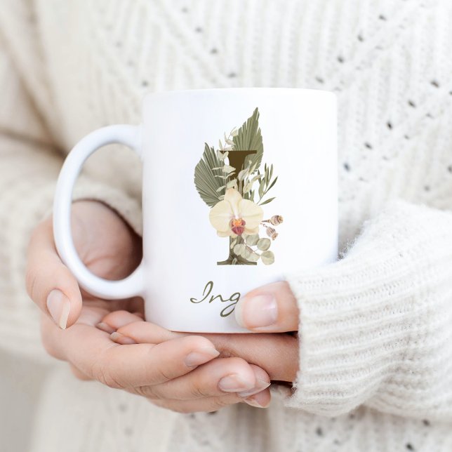 Caneca De Café Nome Personalizado I Boho Floral Orchid Greenery (Criador carregado)
