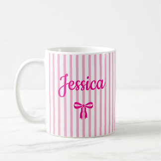 Caneca De Café Nome Personalizado Laço Coquette Listrado Aniversá