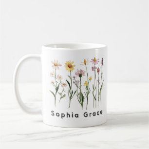 Caneca De Café Nome Personalizado Minimalista de Flores Selvagens